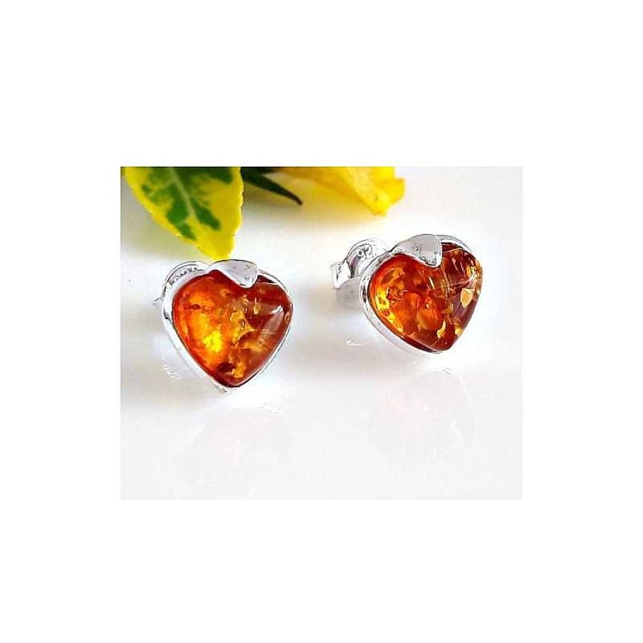 Bernsteinschmuck echt silber | Bernstein Ohrstecker Silber 925 Herz Ohrringe Cognac Sterlingsilber Ed127