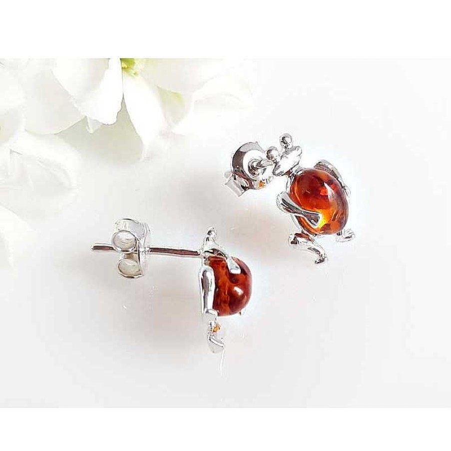 Bernsteinschmuck echt silber | Bernstein Ohrstecker Silber 925 Ohrringe Frosch Cognac Sterlingsilber Ed167-Brun