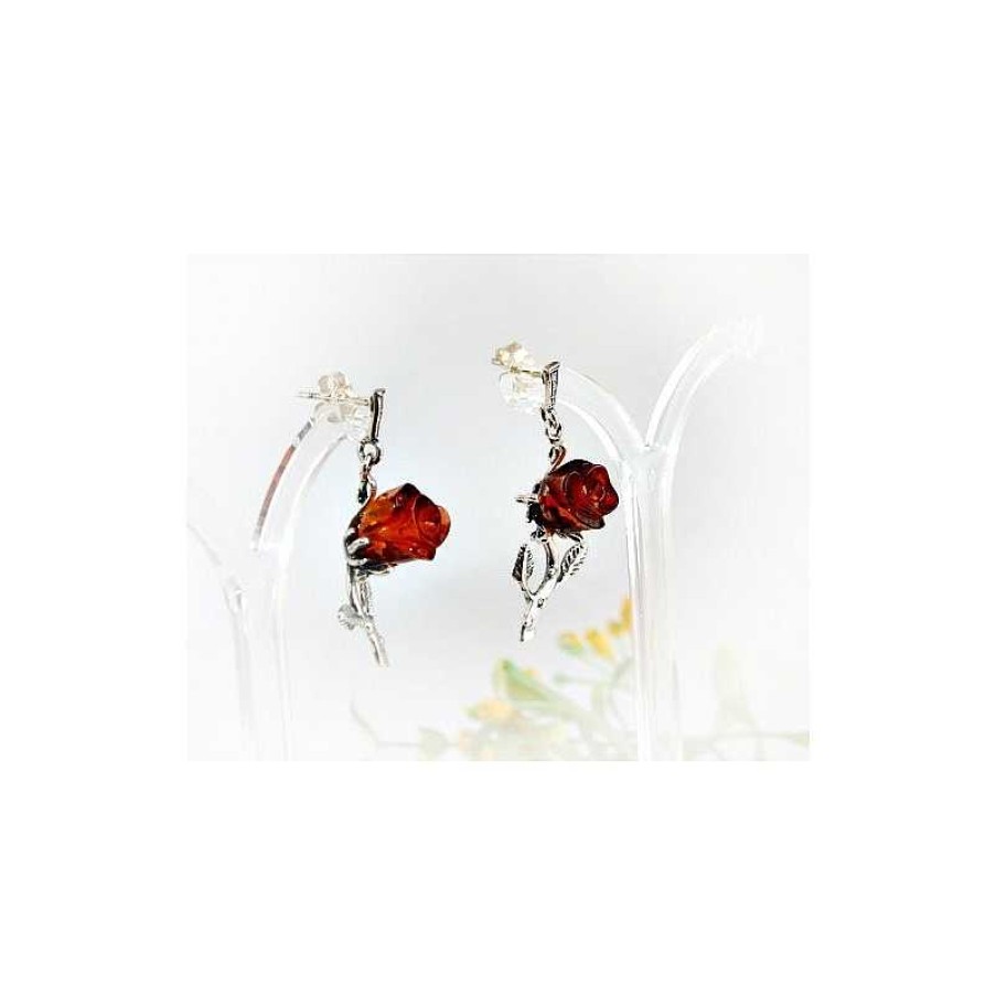 Bernsteinschmuck echt silber | Bernstein Ohrstecker Silber 925 Ohrringe Rose Blume Cognac Sterlingsilber Ed80