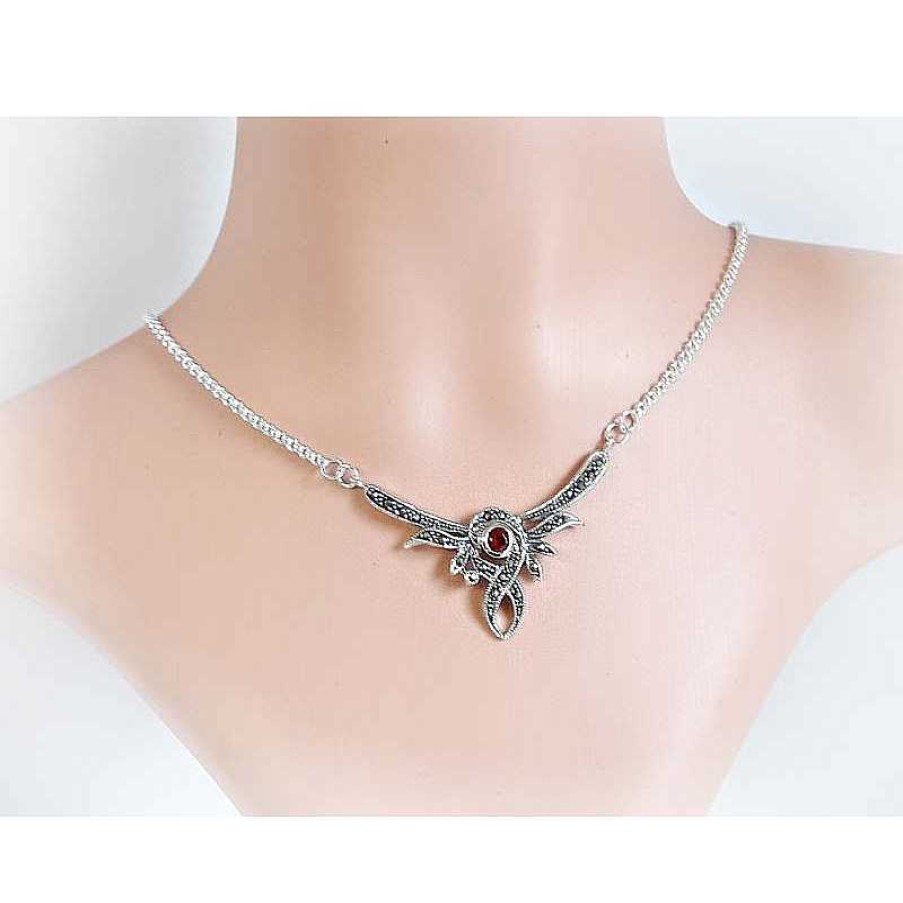 Silberschmuck echt silber | Silber Collier 46 Cm Granat, Markasit Rot Sterlingsilber 925 Sd08