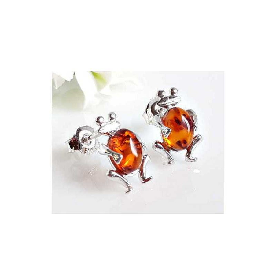 Bernsteinschmuck echt silber | Bernstein Ohrstecker Silber 925 Ohrringe Frosch Cognac Sterlingsilber Ed167-Brun